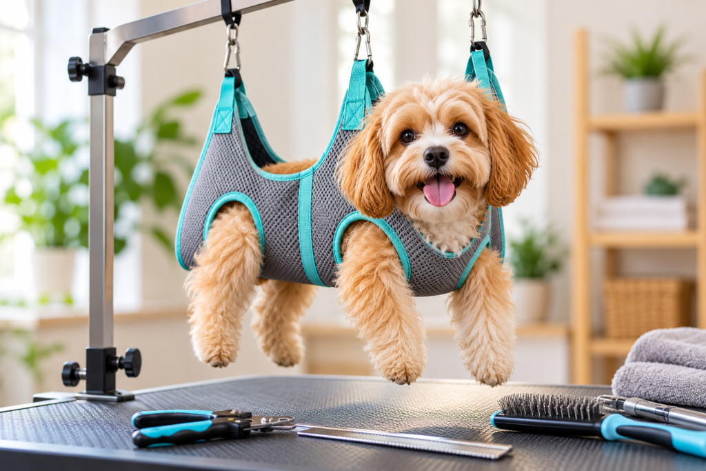 Small fluffy dog in a gray and turquoise grooming hammock suspended above a grooming table with nail trimming tools