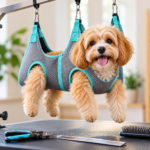 Small fluffy dog in a gray and turquoise grooming hammock suspended above a grooming table with nail trimming tools