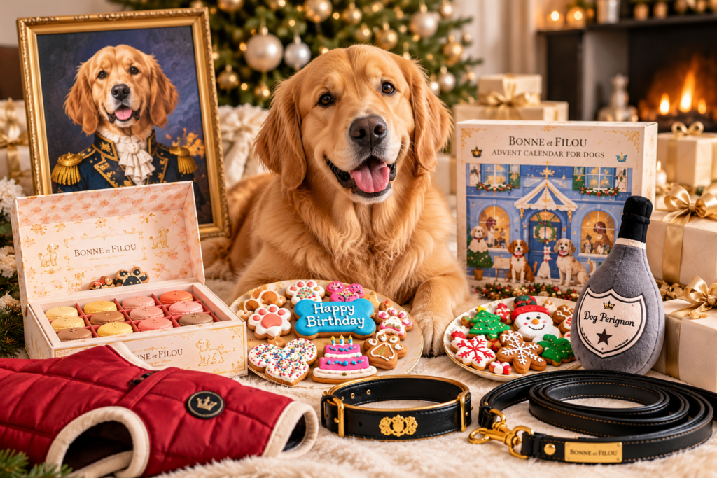 Golden retriever surrounded by luxury dog gifts, gourmet treats, personalized dog portrait, toys, and elegant accessories inspired by Bonne et Filou.