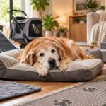 Senior dog resting on an orthopedic bed with mobility aids at home