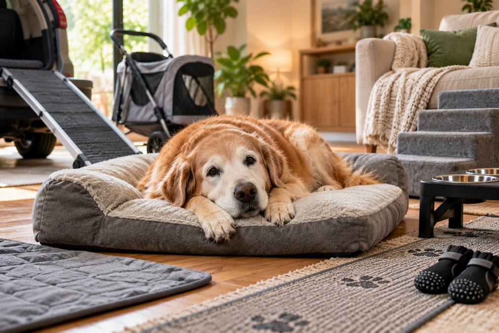 Senior dog resting on an orthopedic bed with mobility aids at home